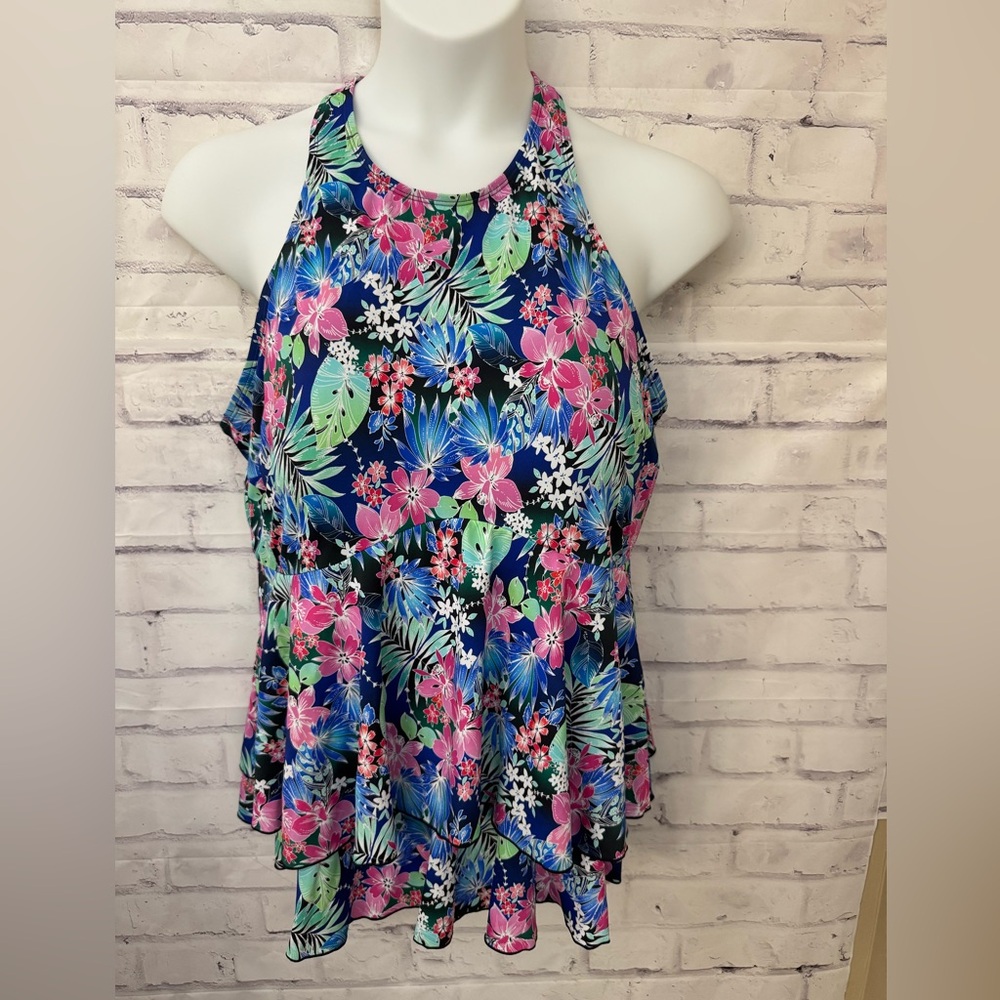 A Shore Fit 22W‎ Blue Pink Floral Tiered Ruffled Tankini Top Swimsuit High Neck